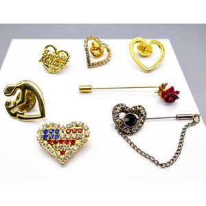 Vintage Floral Romance Brooch Lot, Fun Bundle of 7 Pins, Rose and Hearts